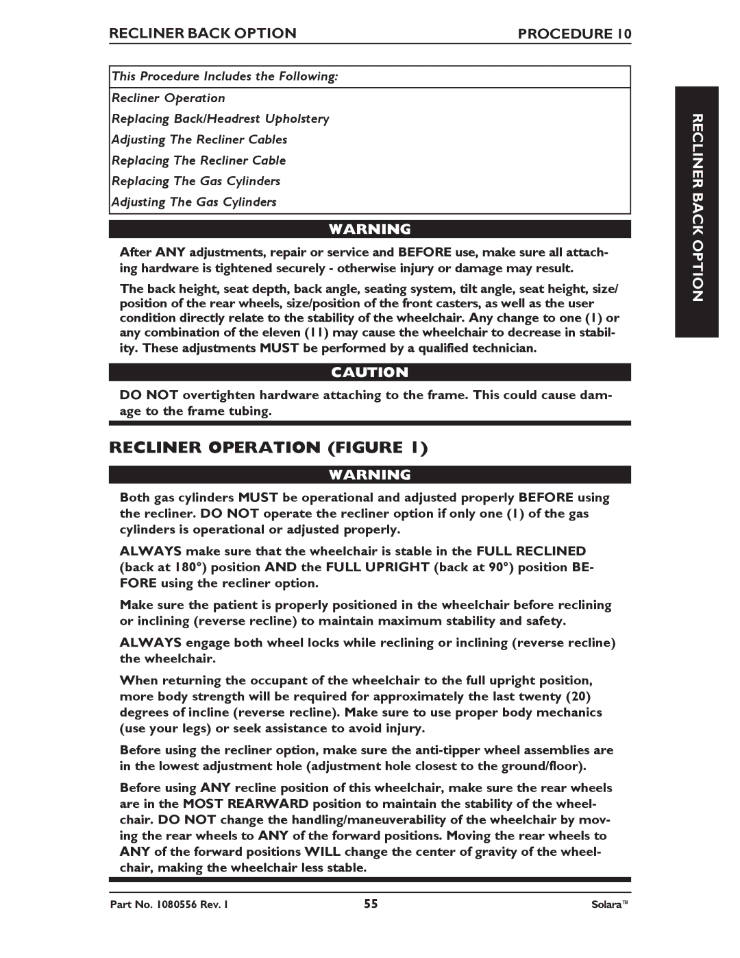 Invacare 1080556 manual Recliner Operation Figure, Recliner Back Option 