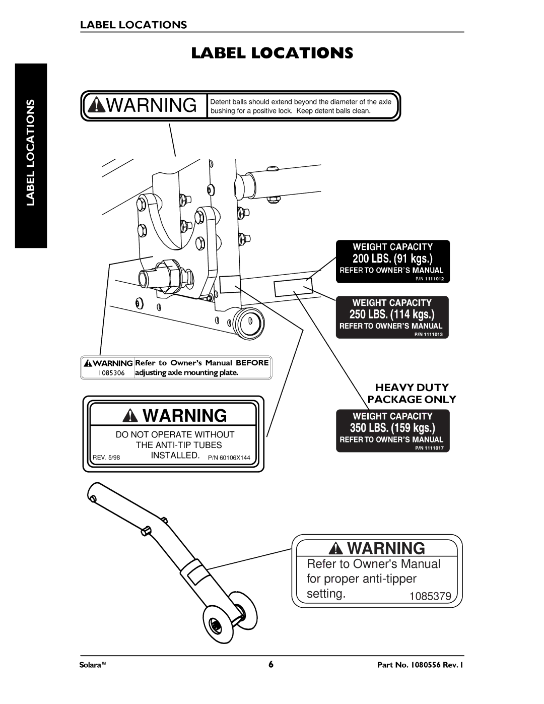 Invacare 1080556 manual Label Locations, Heavy Duty Package only 