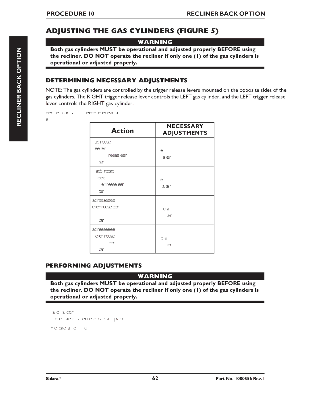 Invacare 1080556 manual Adjusting the GAS Cylinders Figure, Determining Necessary Adjustments, Performing Adjustments 