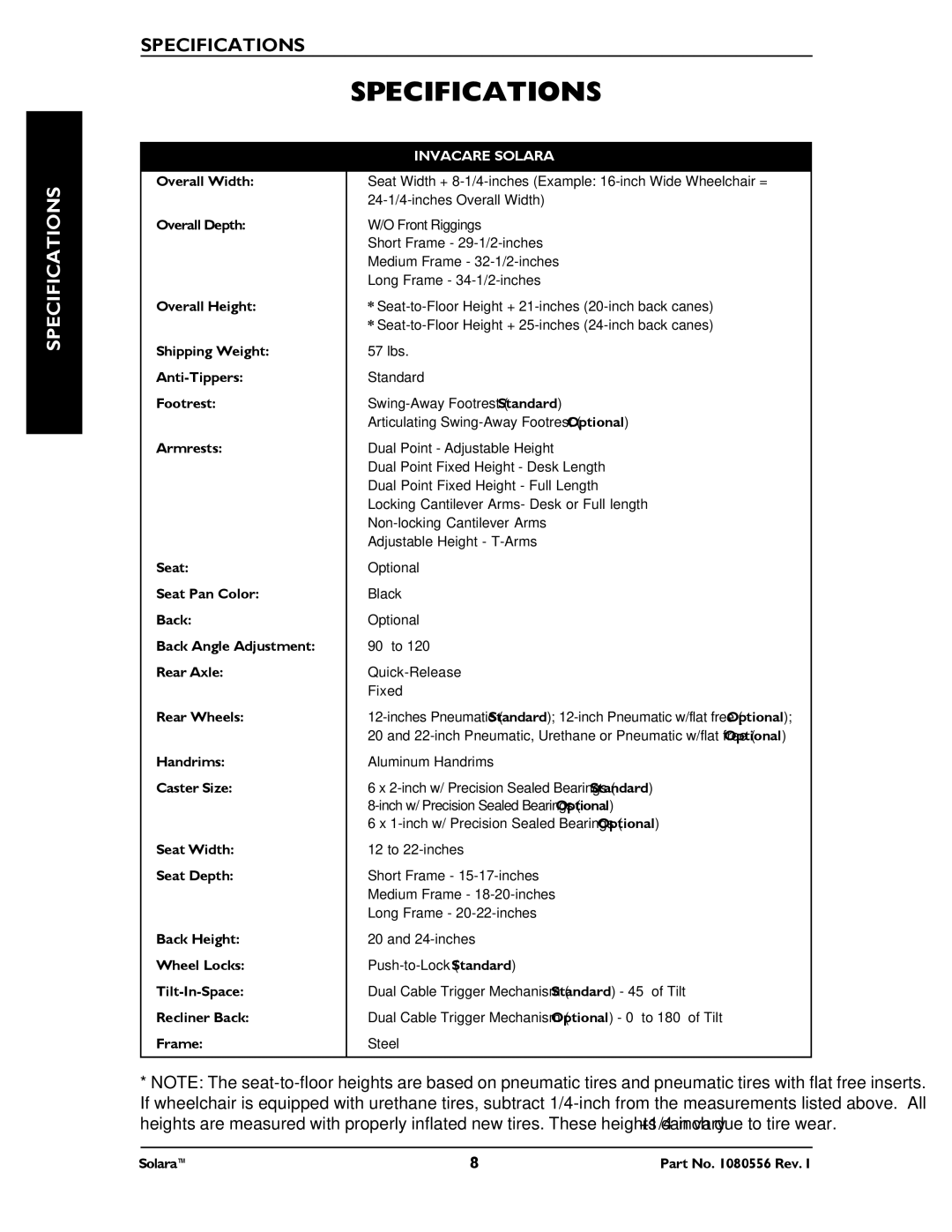 Invacare 1080556 manual Specifications 