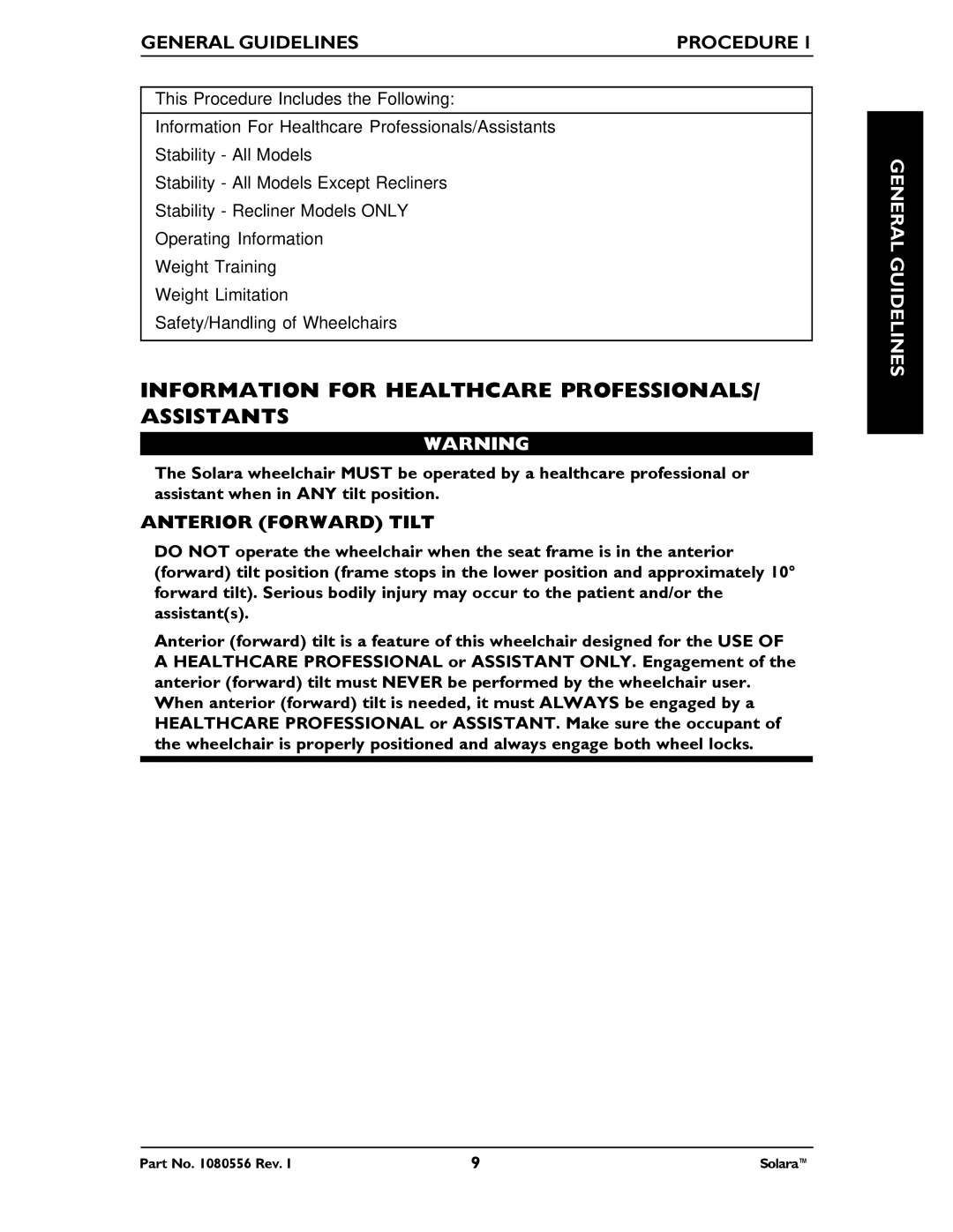 Invacare 1080556 manual Information for Healthcare PROFESSIONALS/ Assistants, General Guidelines, Anterior Forward Tilt 