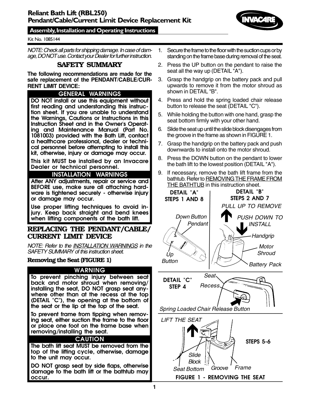 Invacare 1085144 operating instructions Safety Summary, Removing the Seat Figure, Pull UP to Remove, Lift the Seat 