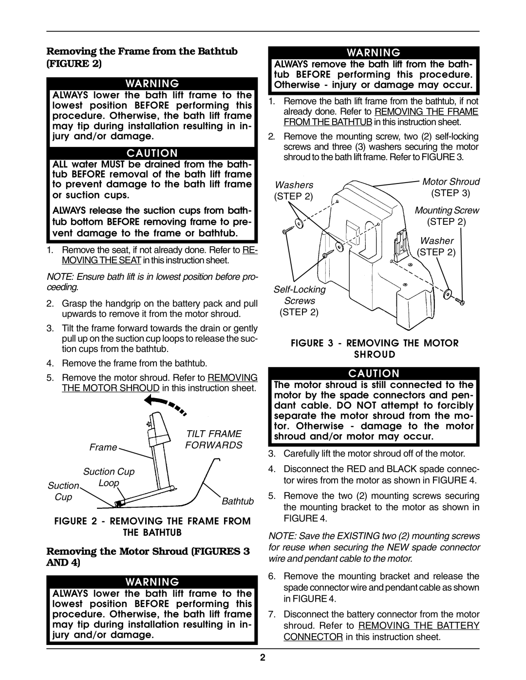 Invacare 1085144 Removing the Frame from the Bathtub Figure, Removing the Motor Shroud Figures 3, Tilt Frame, Forwards 