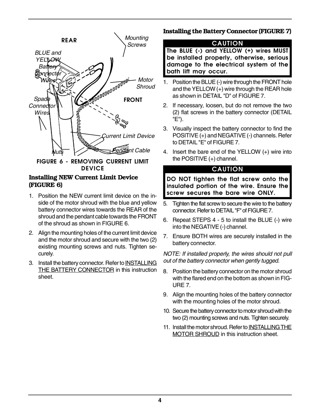 Invacare 1085144 Installing NEW Current Limit Device Figure, Installing the Battery Connector Figure, Yellow, Front 