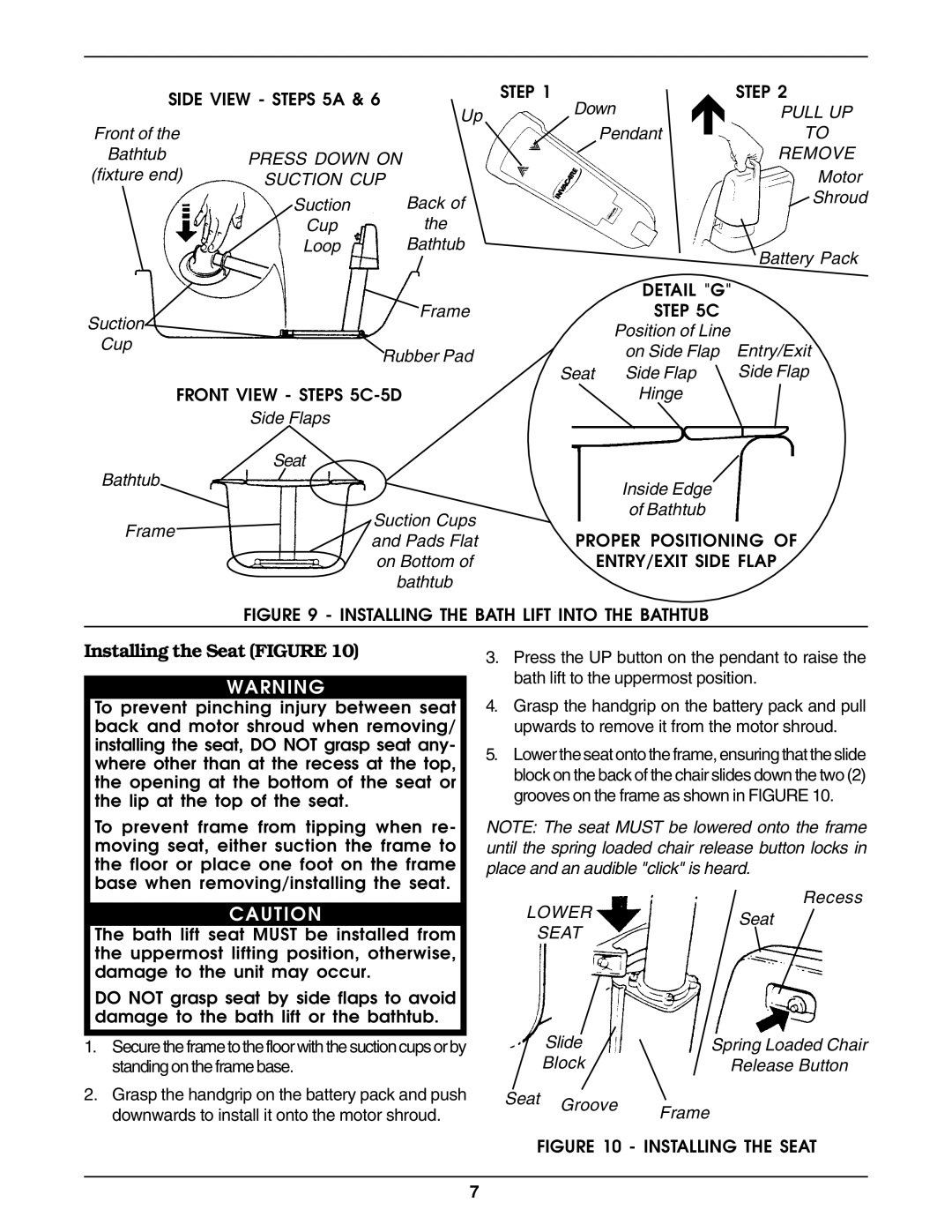 Invacare 1085144 operating instructions Installing the Seat Figure, Pull UP, Press Down on Remove, Suction CUP, Lower 