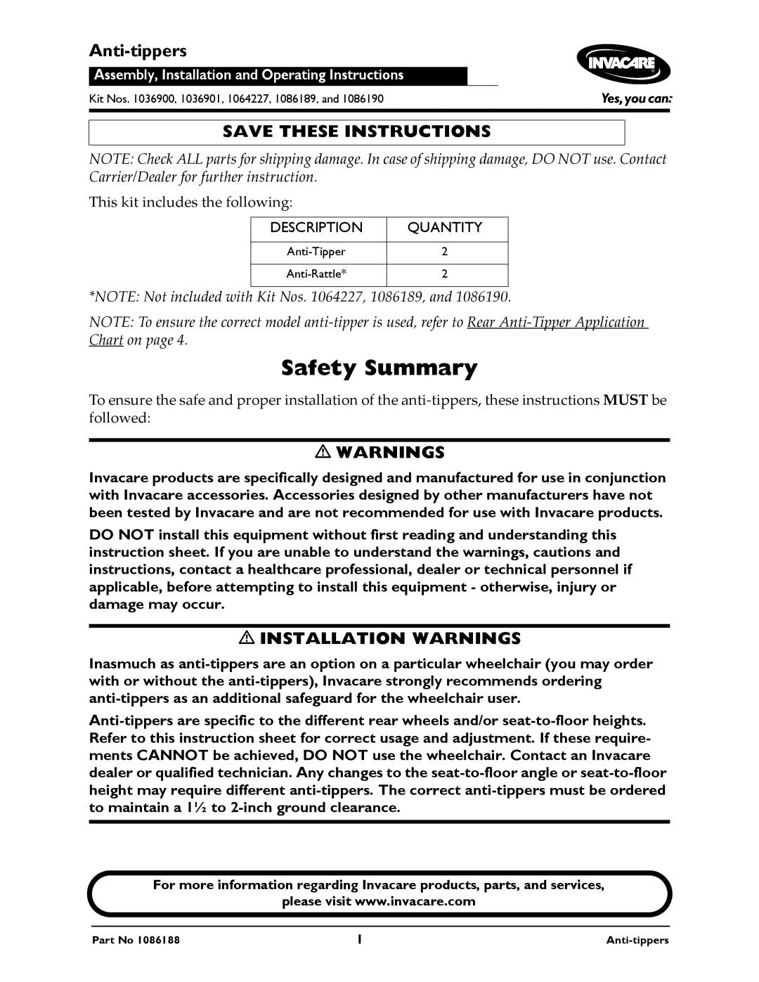 Invacare 1086190, 1086189, 1064227, 1036900, 1036901 instruction sheet Safety Summary, Installation Warnings 