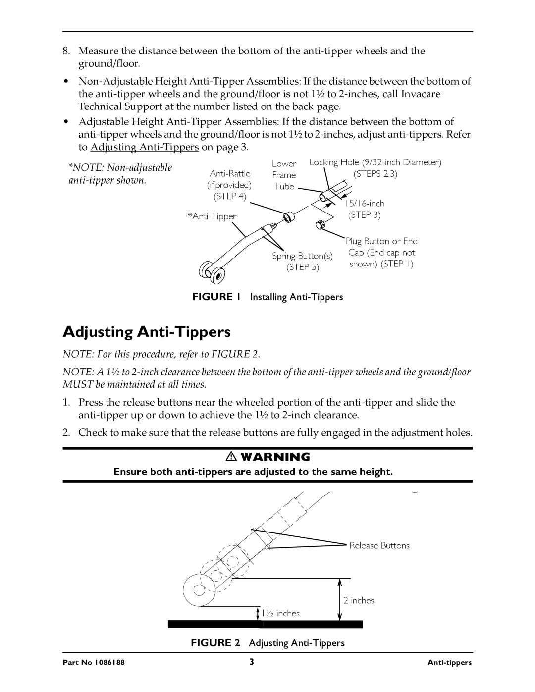 Invacare 1036900, 1086189, 1086190, 1064227, 1036901 instruction sheet Adjusting Anti-Tippers, Anti‐tipper shown 