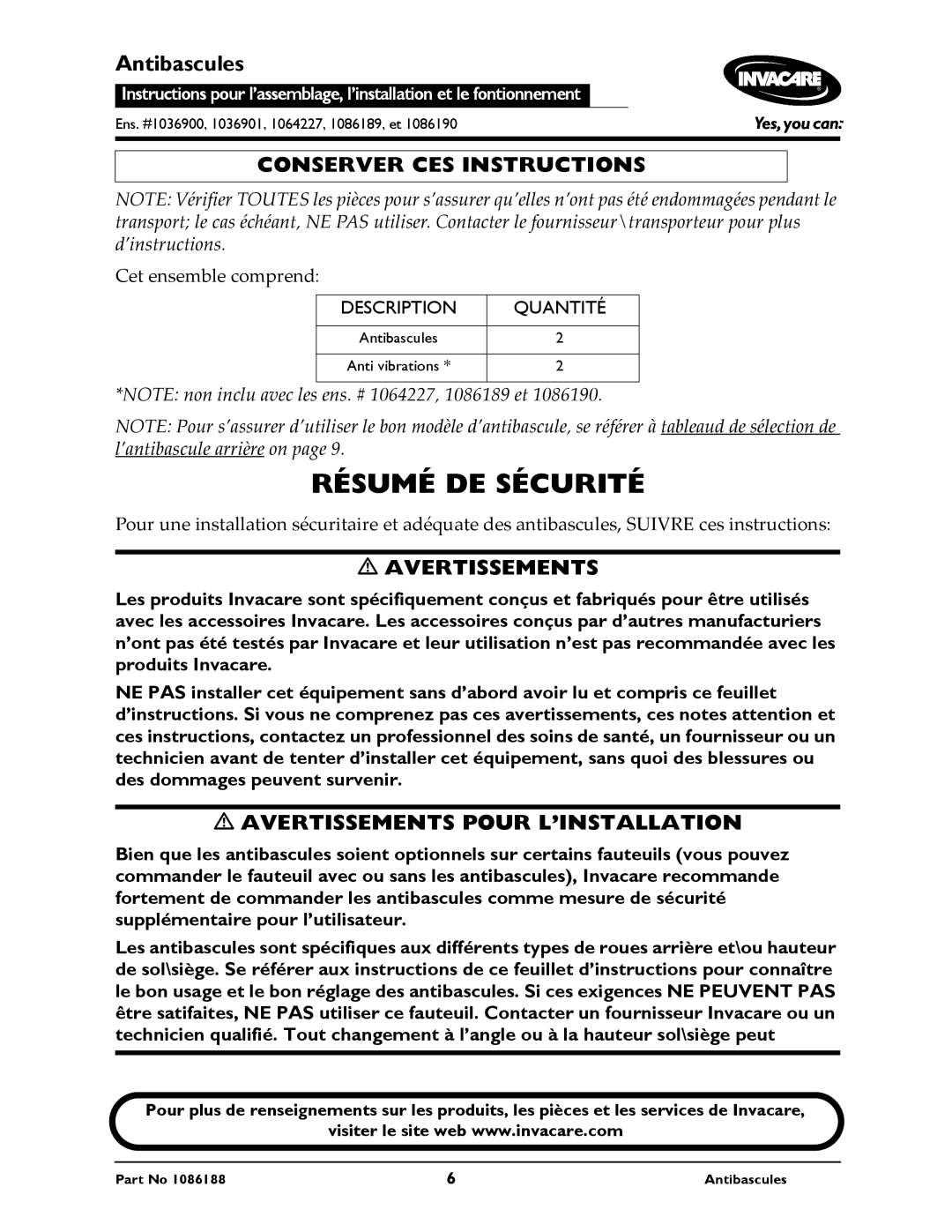 Invacare 1086190, 1086189, 1064227, 1036900, 1036901 Conserver CES Instructions, Avertissements Pour L’INSTALLATION 