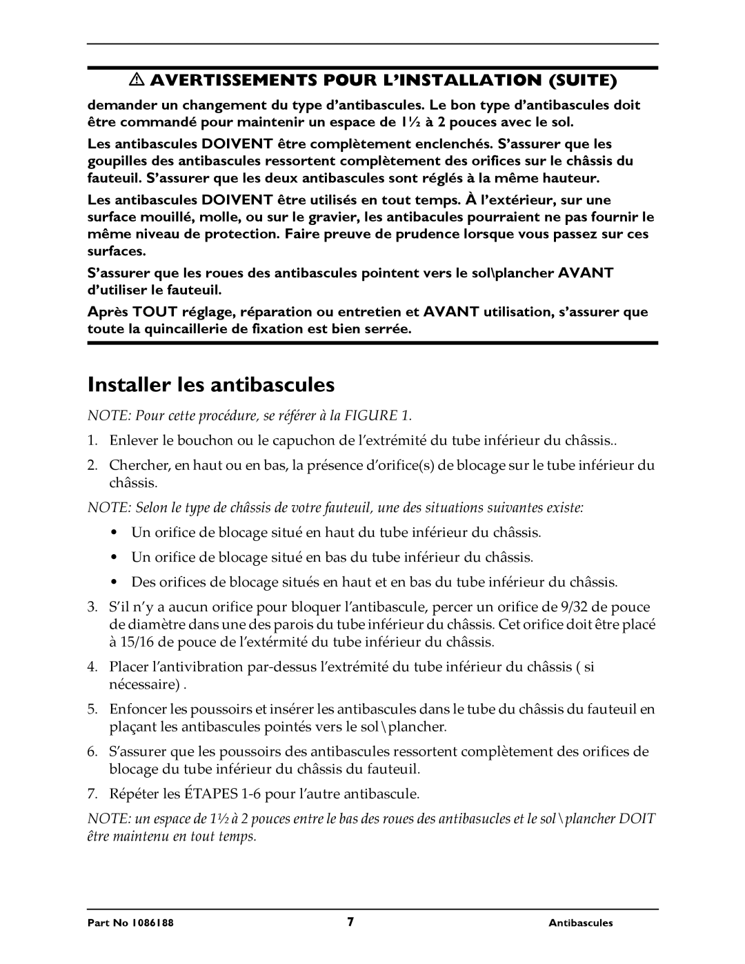 Invacare 1064227, 1086189, 1086190, 1036900, 1036901 Installer les antibascules, Avertissements Pour L’INSTALLATION Suite 