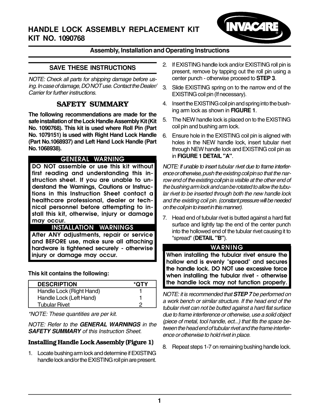 Invacare 1090768 instruction sheet Handle Lock Assembly Replacement KIT KIT no, Safety Summary, General Warning 