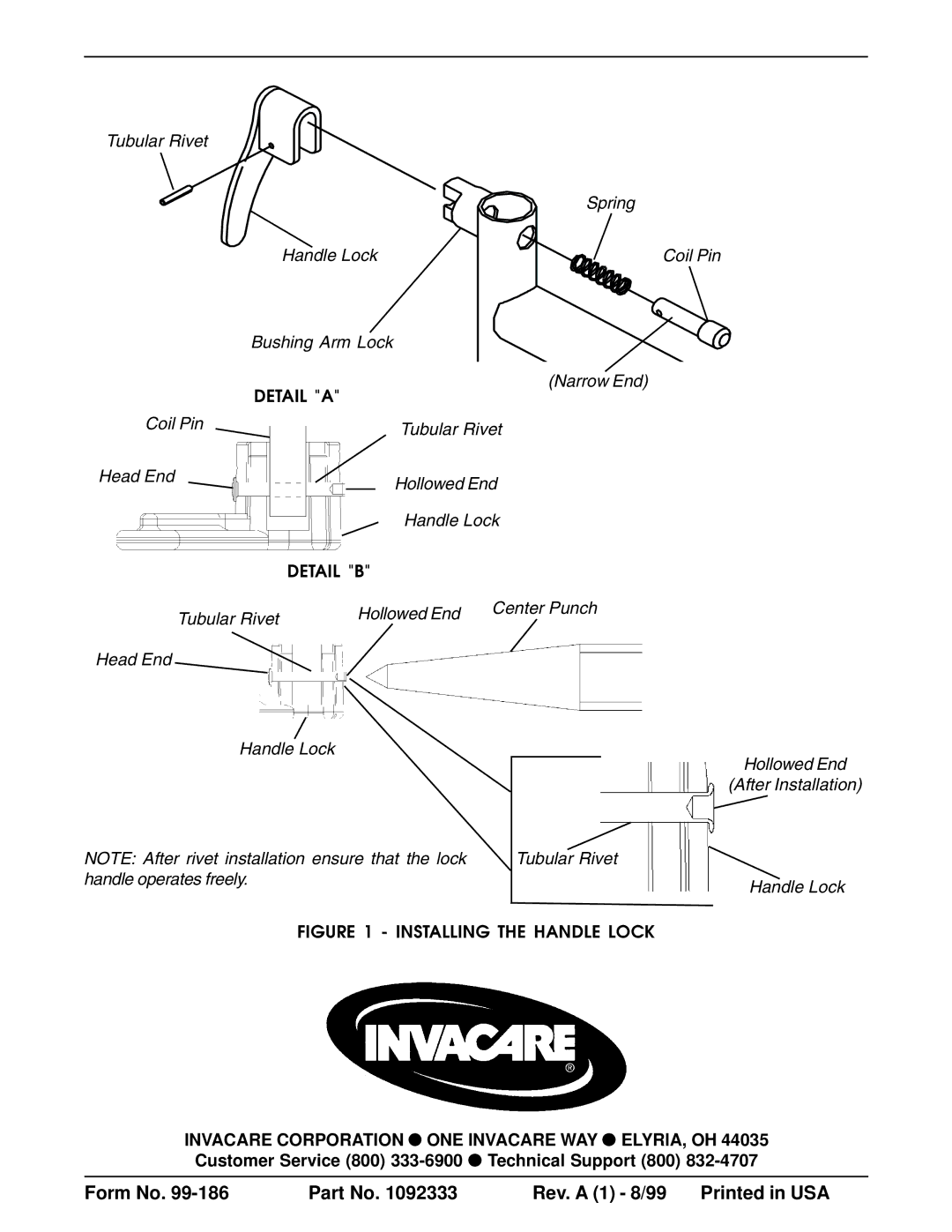 Invacare 1090768 instruction sheet Detail a, Installing the Handle Lock 