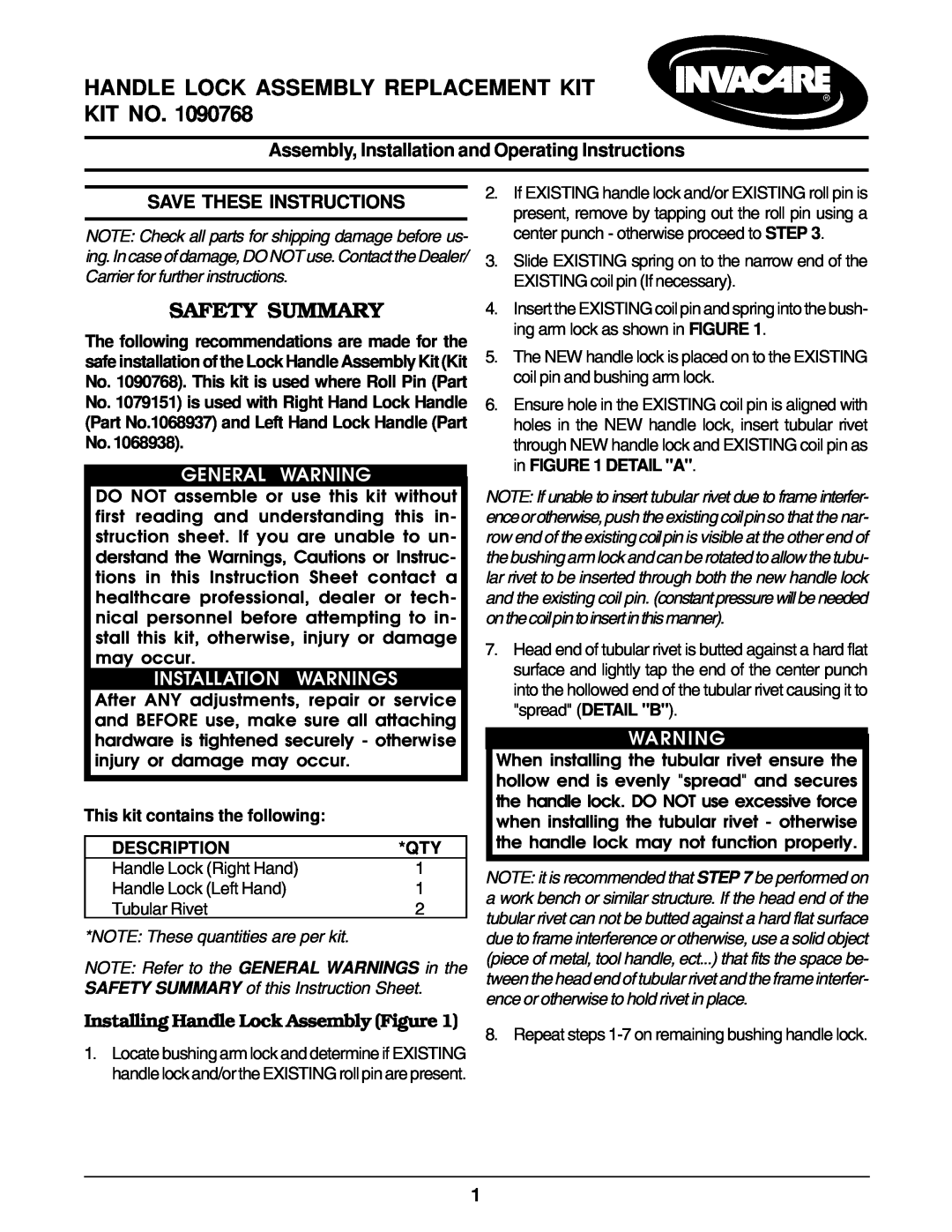 Invacare 1090768 instruction sheet Assembly, Installation and Operating Instructions, Save These Instructions, Description 