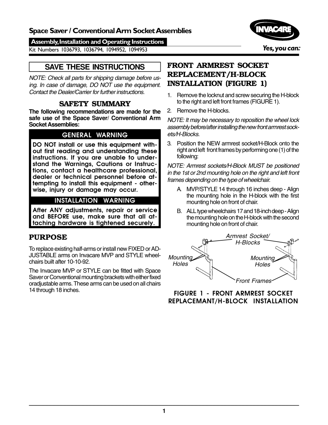 Invacare 1094953, 1094952, 1036794, 1036793 operating instructions Safety Summary, Purpose 