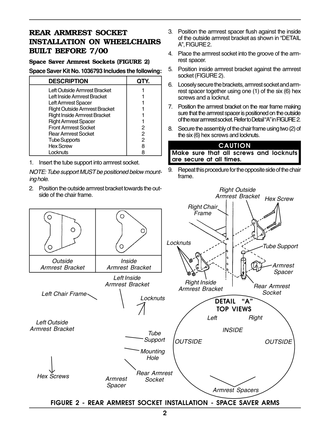 Invacare 1036794, 1094952, 1094953, 1036793 operating instructions Detail a TOP Views, Description QTY 