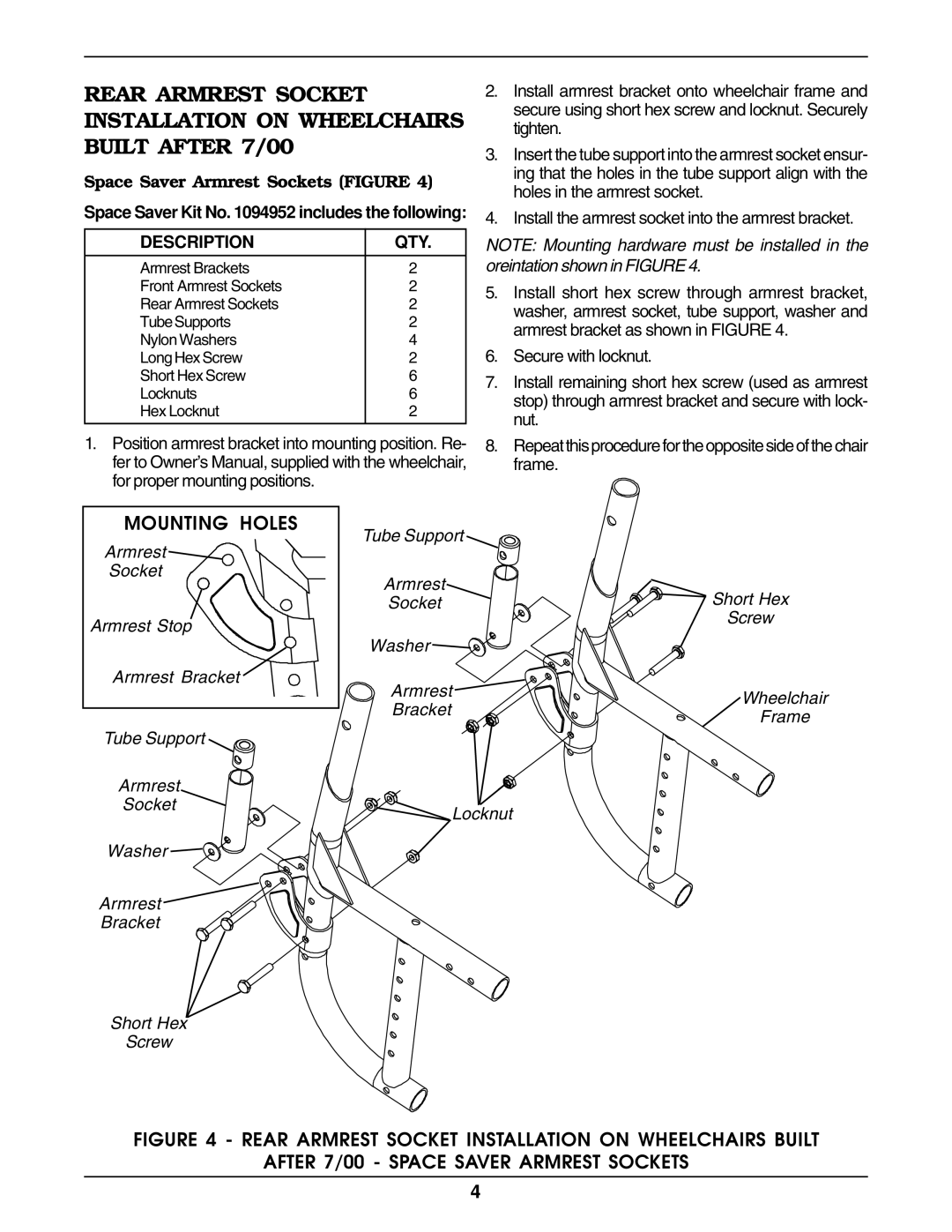 Invacare 1094952, 1094953, 1036794, 1036793 operating instructions Mounting Holes 