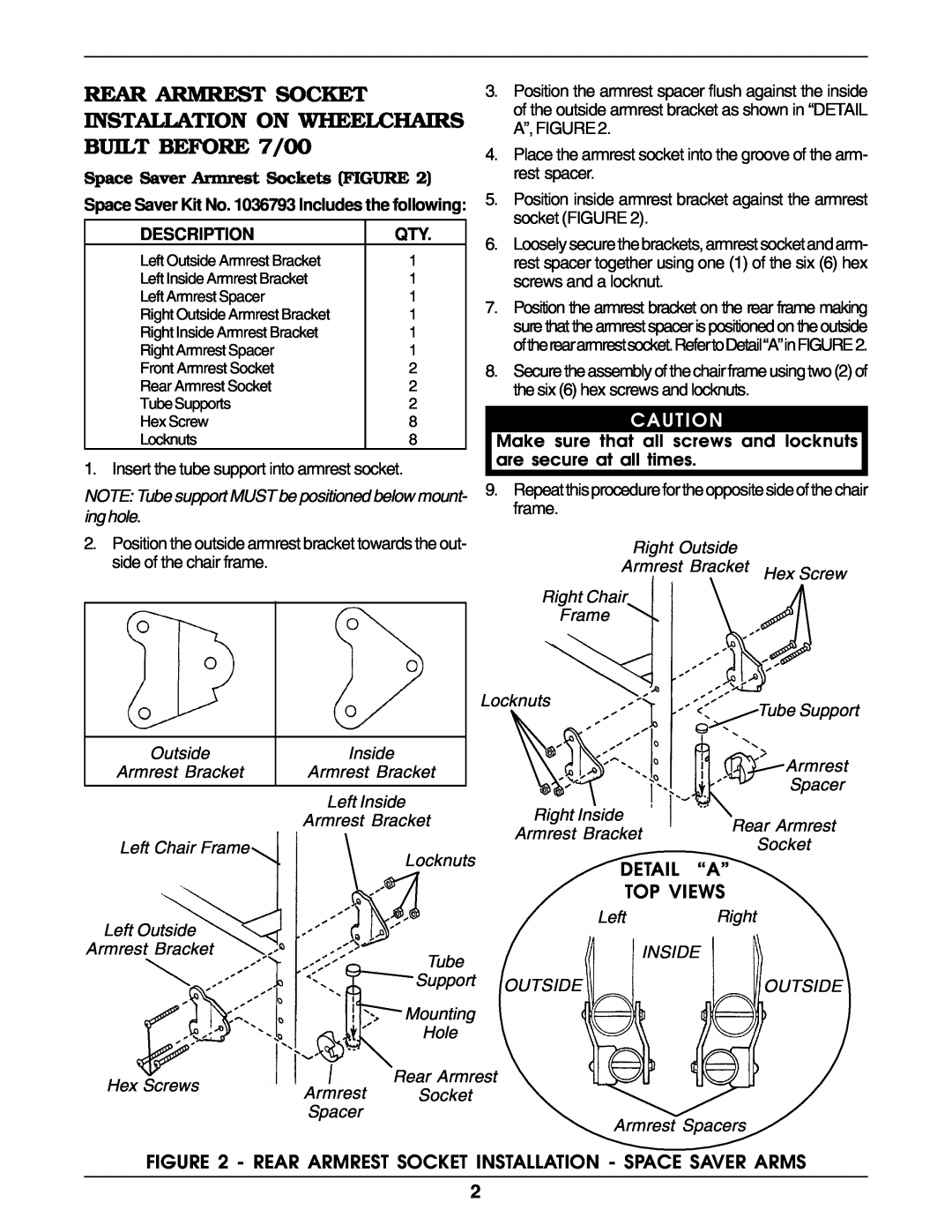 Invacare 1036794 REAR ARMREST SOCKET INSTALLATION ON WHEELCHAIRS BUILT BEFORE 7/00, Detail “A” Top Views, Description 
