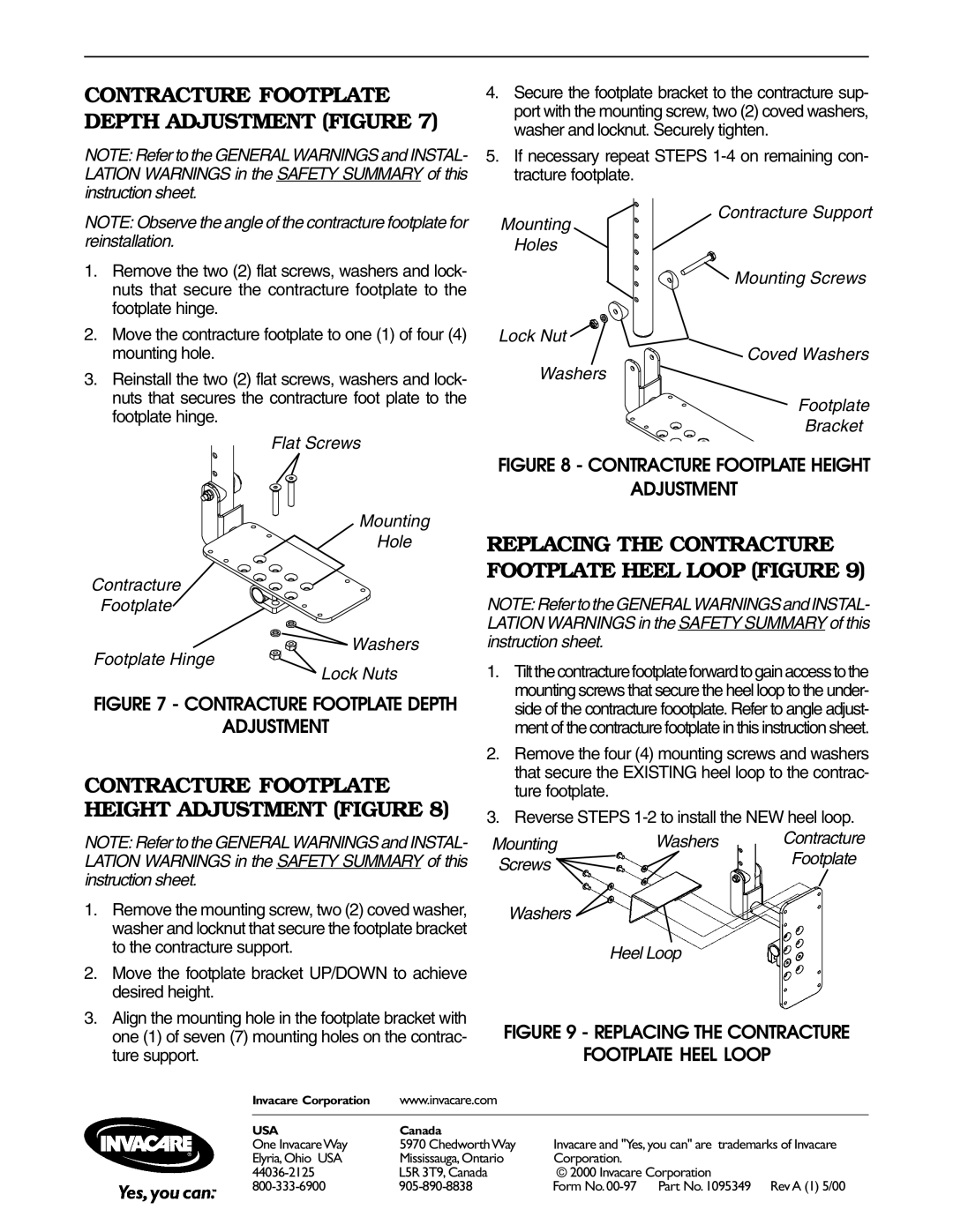 Invacare 1095340, 1095341 Contracture Footplate Depth Adjustment Figure, Contracture Footplate Height Adjustment Figure 