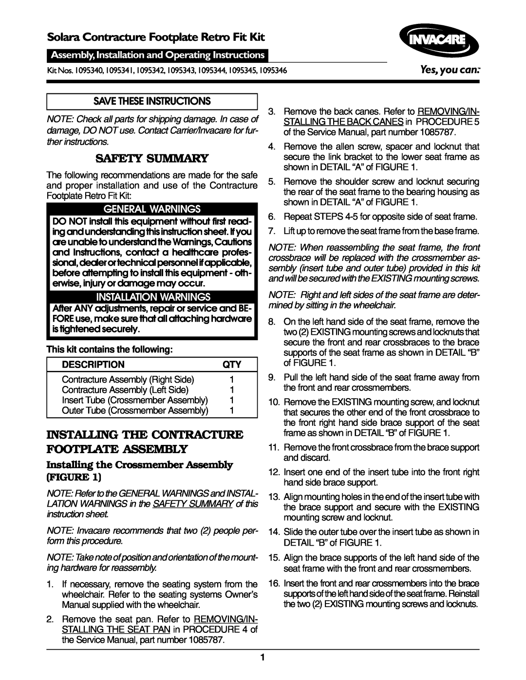 Invacare 1095343 operating instructions Safety Summary, Installing The Contracture Footplate Assembly, General Warnings 