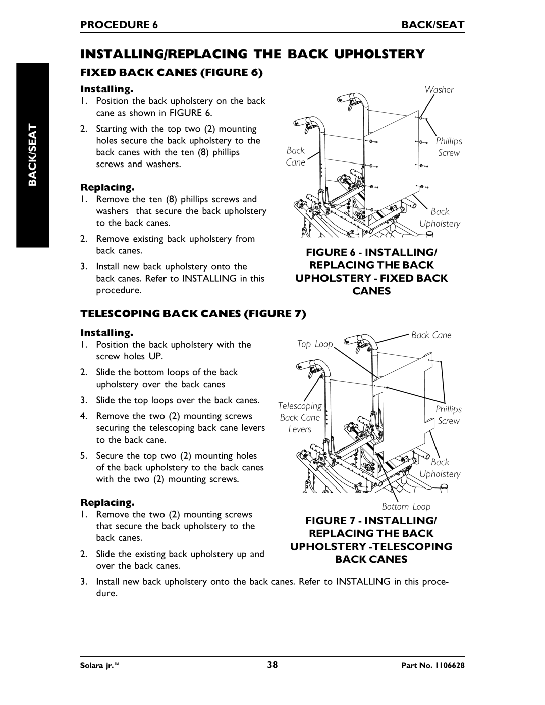 Invacare 1106628 manual INSTALLING/REPLACING the Back Upholstery, Fixed Back Canes Figure 