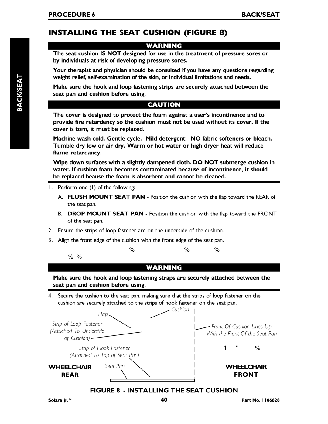 Invacare 1106628 manual Installing the Seat Cushion Figure, Rear, Wheelchair Front 