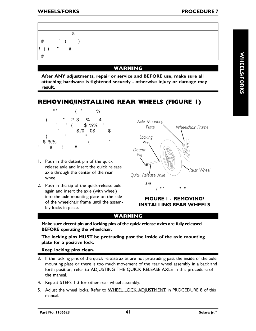 Invacare 1106628 manual REMOVING/INSTALLING Rear Wheels Figure, WHEELS/FORKS Procedure, Wheels/Forks, Quick Release Axle 