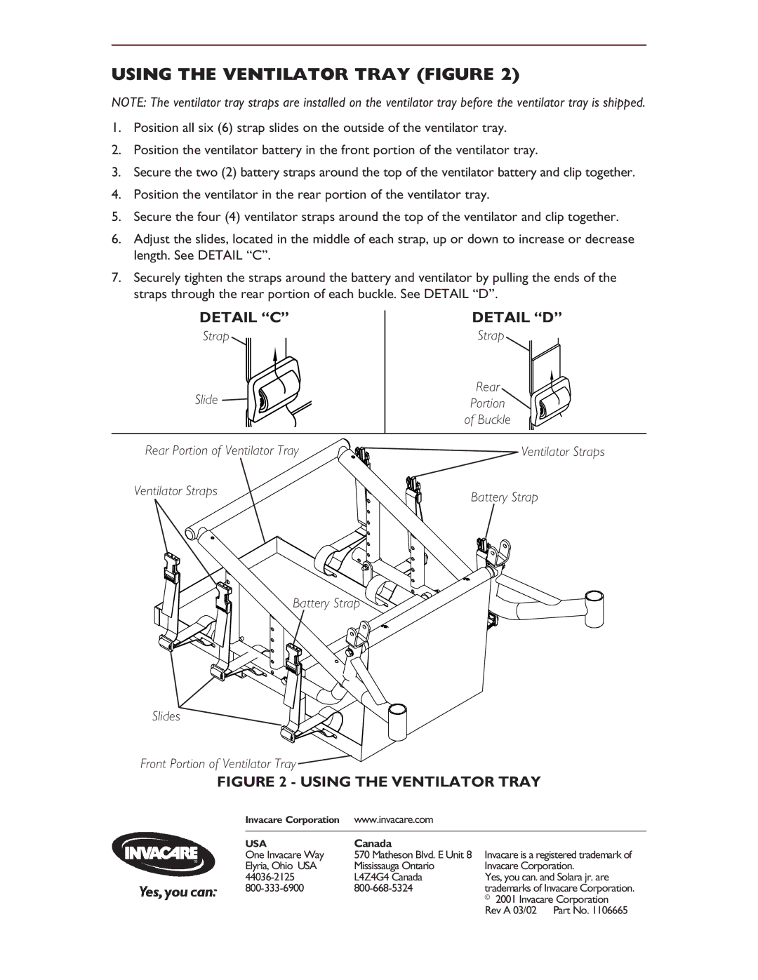 Invacare 1108526 operating instructions Using the Ventilator Tray Figure, Detail C, Detail D 