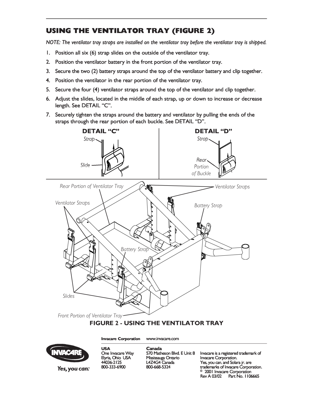 Invacare 1108526 operating instructions Using The Ventilator Tray Figure, Detail “C”, Detail “D” 