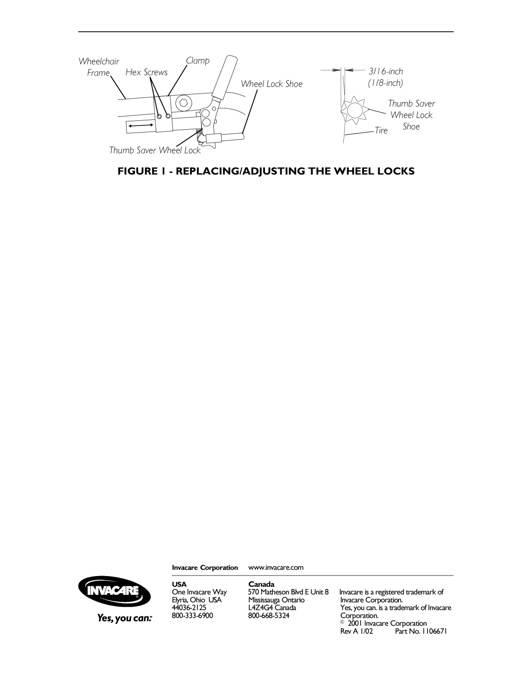 Invacare 1109379 operating instructions Clamp, Hex Screws, Wheel Lock Shoe, Thumb Saver Wheel Lock Tire Shoe, Canada 