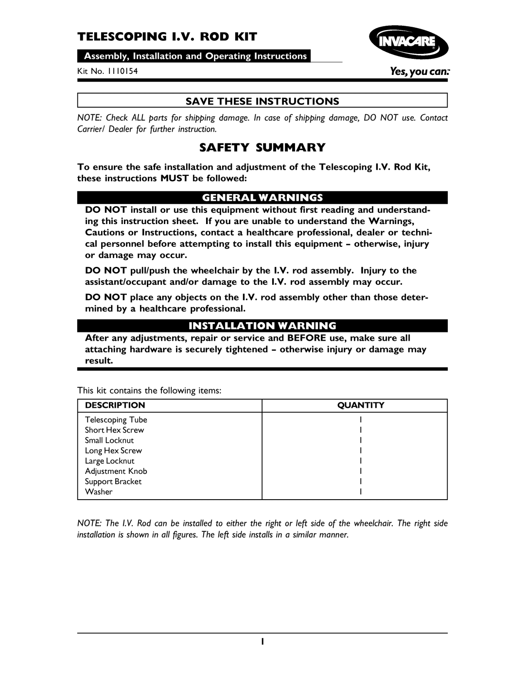 Invacare 1110154 operating instructions Telescoping I.V. ROD KIT, Safety Summary 