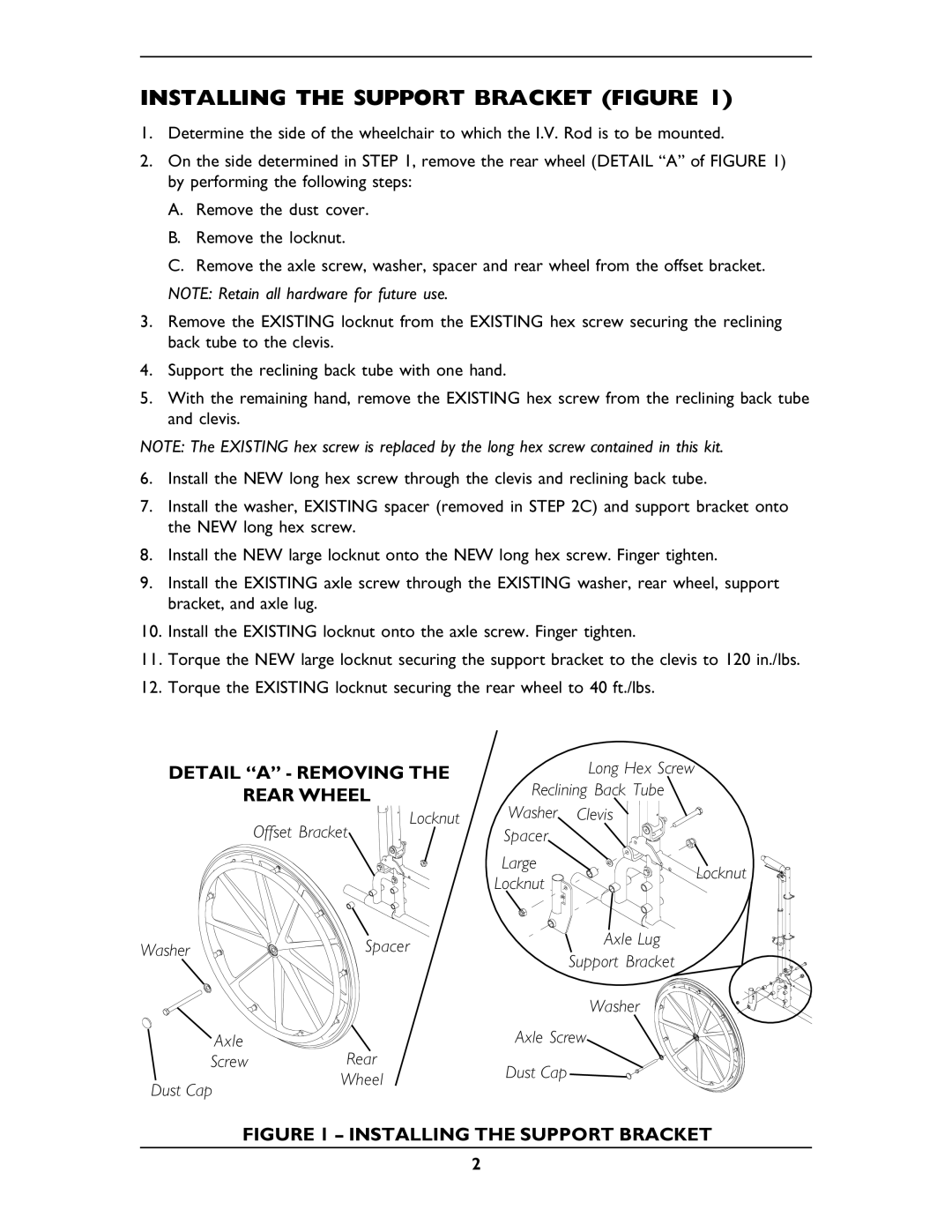 Invacare 1110154 operating instructions Installing the Support Bracket Figure, Rear Wheel 