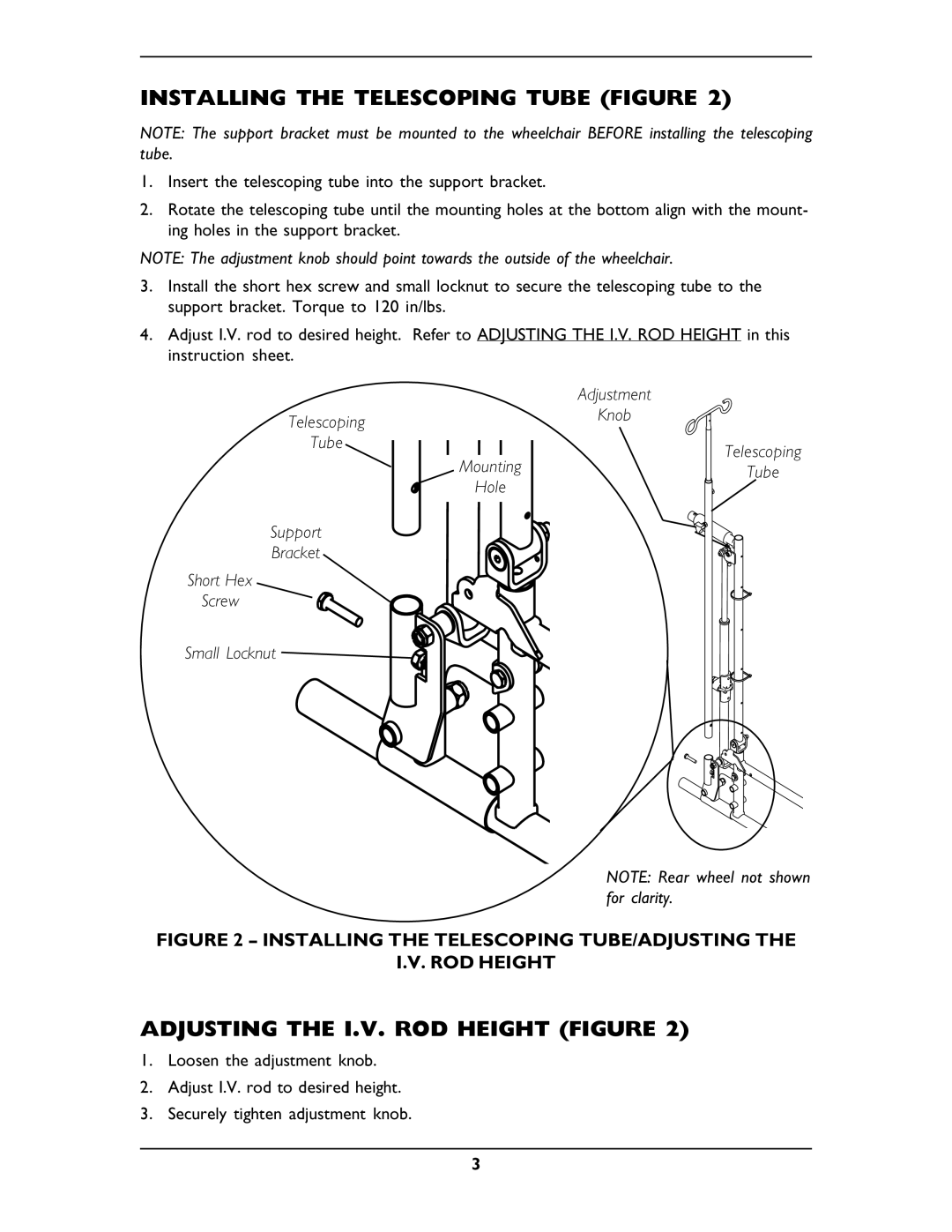 Invacare 1110154 operating instructions Installing the Telescoping Tube Figure, Adjusting the I.V. ROD Height Figure 