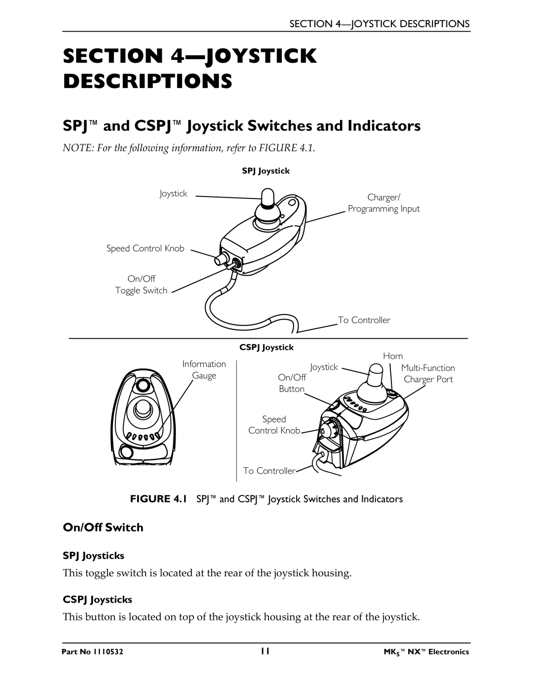 Invacare 1110532 service manual Joystick Descriptions, SPJand CSPJJoystick Switches and Indicators, On/Off Switch 