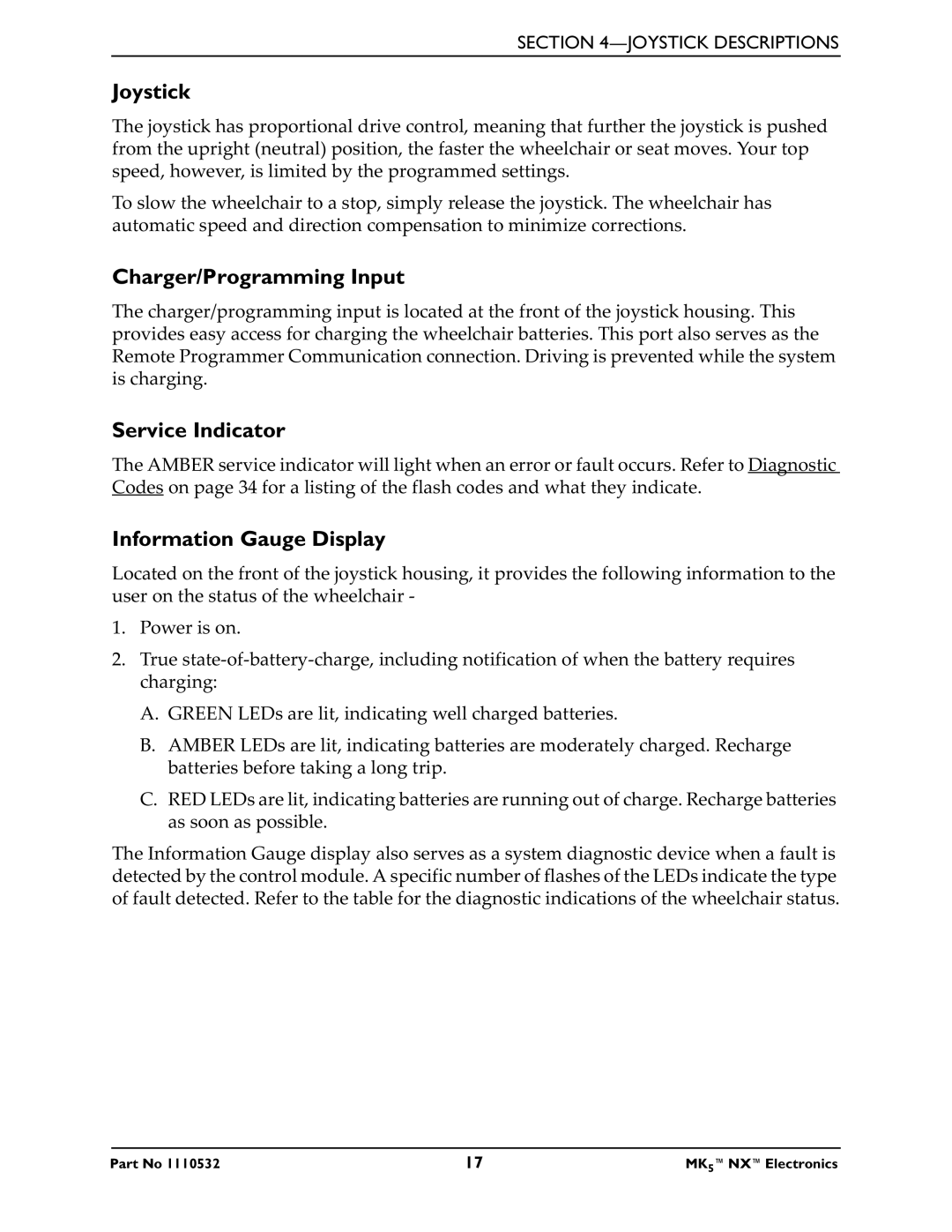 Invacare 1110532 service manual Joystick, Service Indicator 