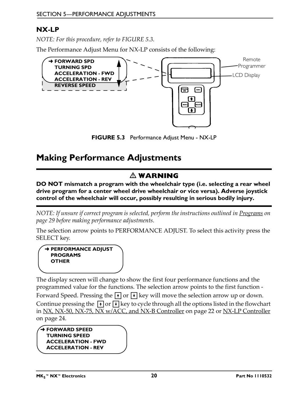 Invacare 1110532 service manual Making Performance Adjustments, Nx-Lp 