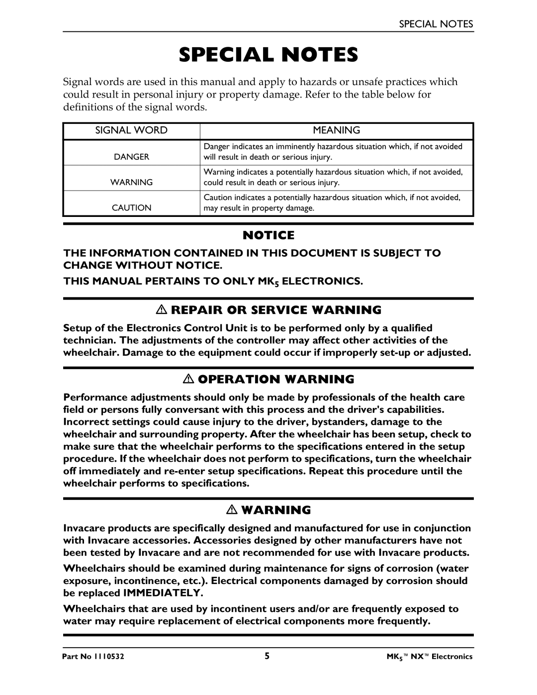 Invacare 1110532 service manual Special Notes, Signal Word Meaning 