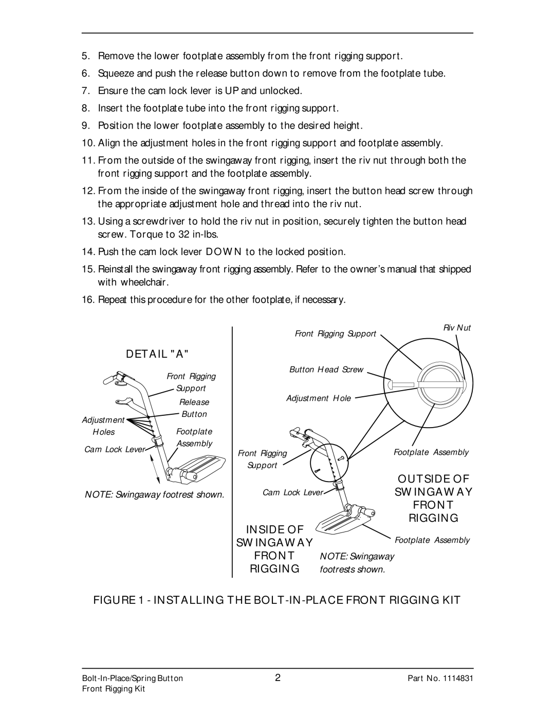 Invacare 1114831, 1121271, 1110266 installation instructions Detail a, Outside, Front Rigging Inside Swingaway 