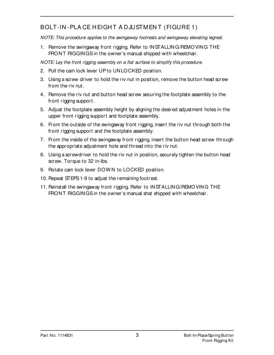 Invacare 1121271, 1110266, 1114831 installation instructions BOLT-IN-PLACE Height Adjustment Figure 