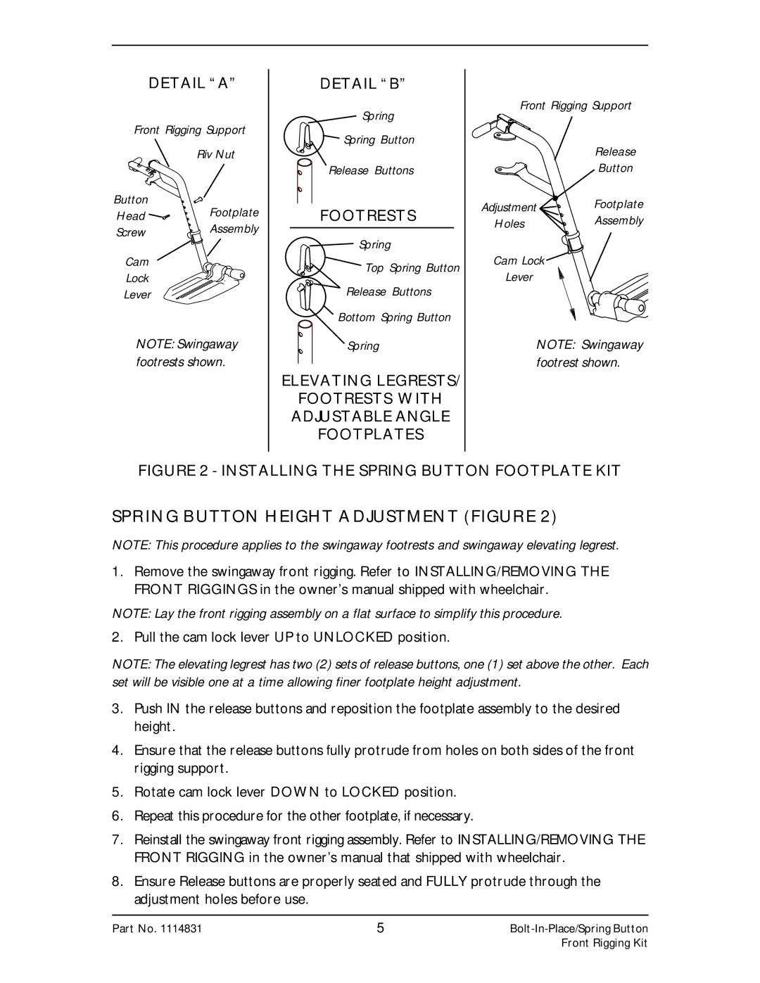 Invacare 1114831, 1121271, 1110266 installation instructions Spring Button Height Adjustment Figure, Detail B, Footrests 