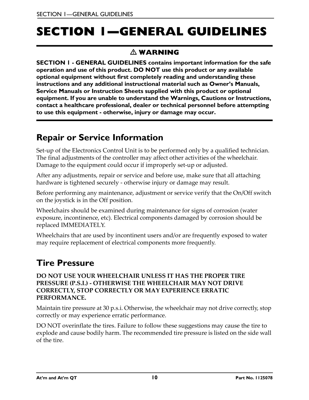 Invacare 1125078 service manual General Guidelines, Repair or Service Information, Tire Pressure 