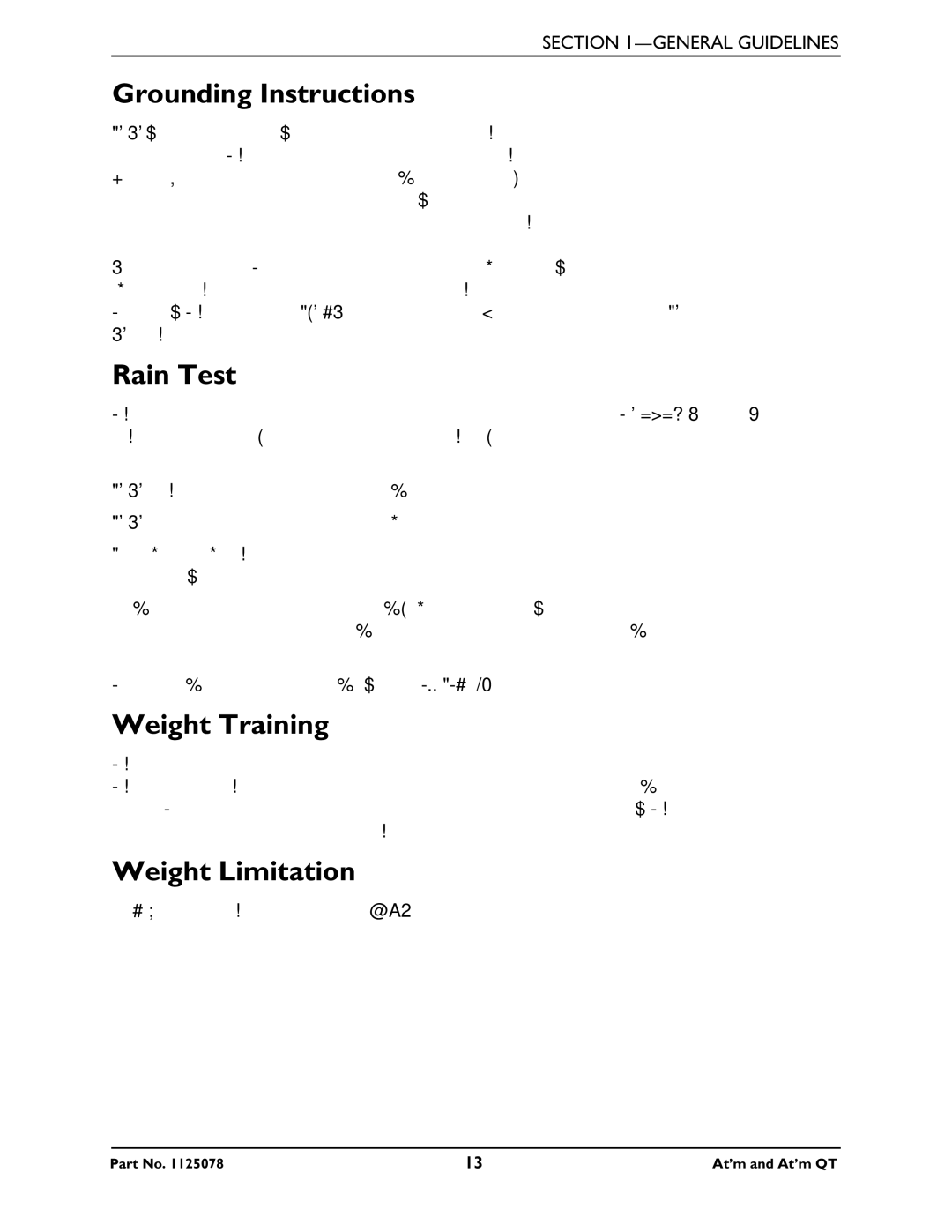 Invacare 1125078 service manual Grounding Instructions, Rain Test, Weight Training, Weight Limitation 