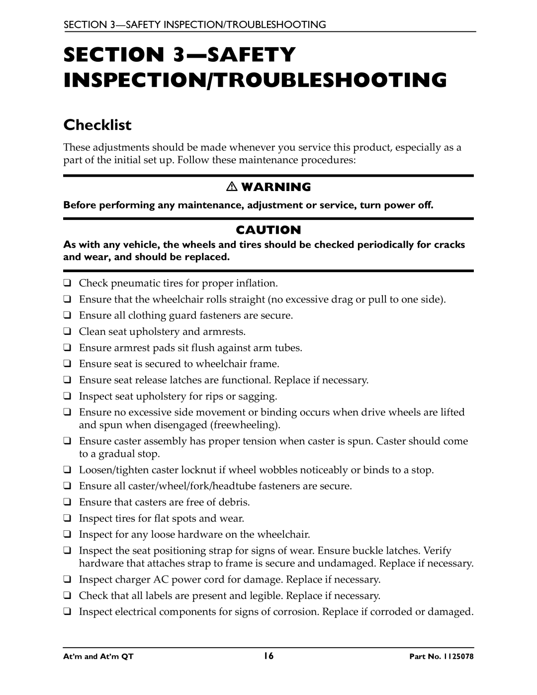 Invacare 1125078 service manual Safety INSPECTION/TROUBLESHOOTING, Checklist 