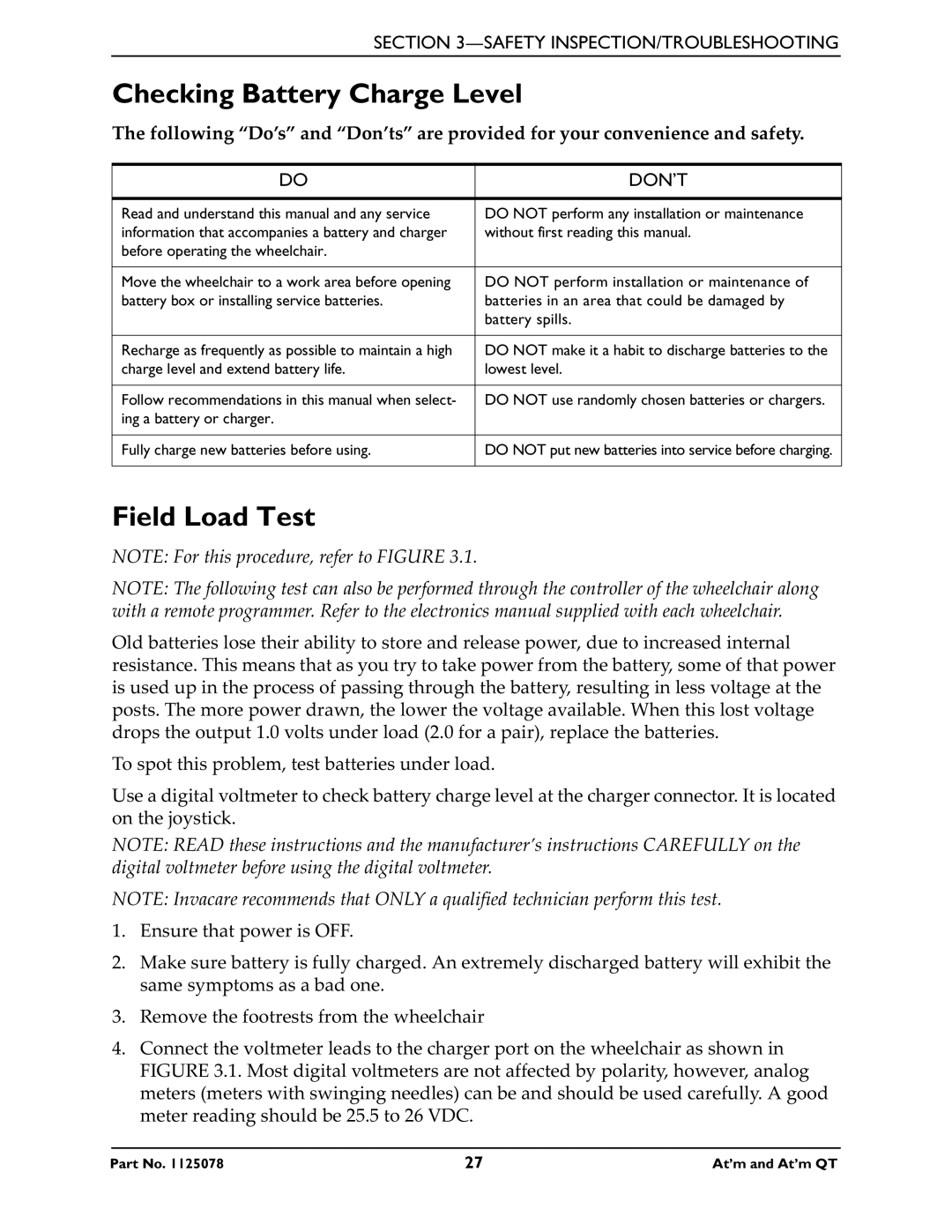 Invacare 1125078 service manual Checking Battery Charge Level, Field Load Test, Don’T 