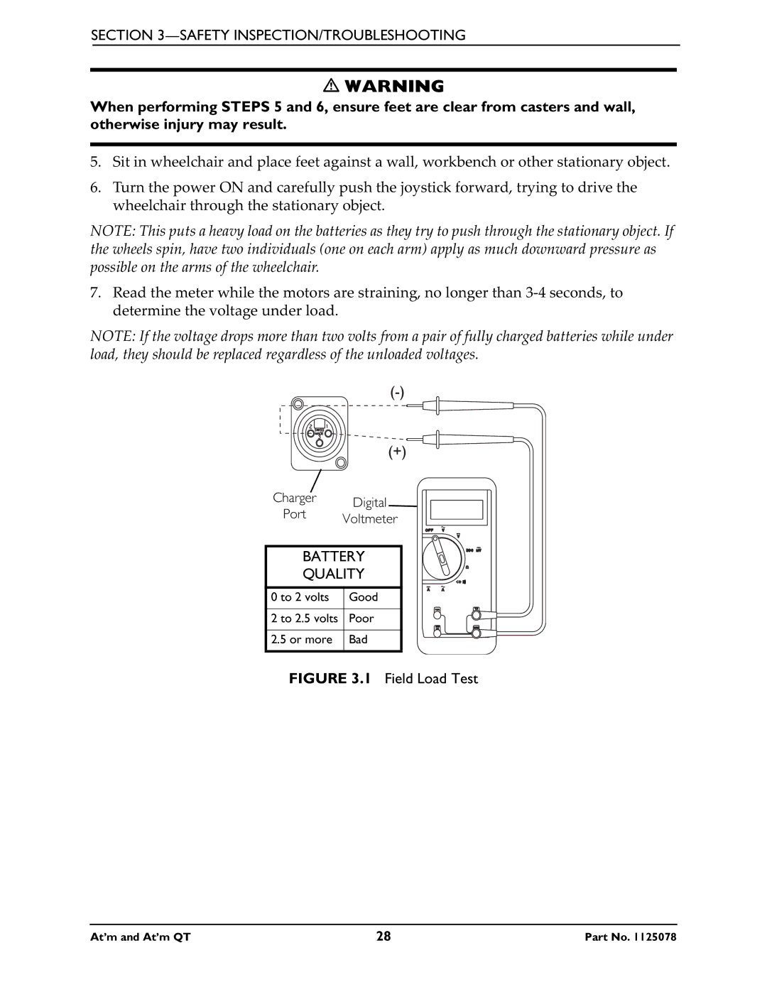 Invacare 1125078 service manual Battery Quality, Field Load Test 