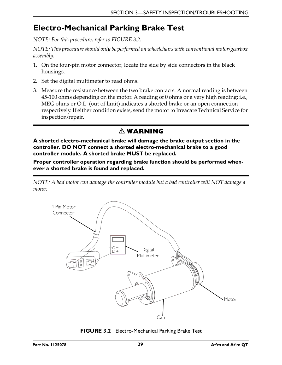 Invacare 1125078 service manual Electro-Mechanical Parking Brake Test 