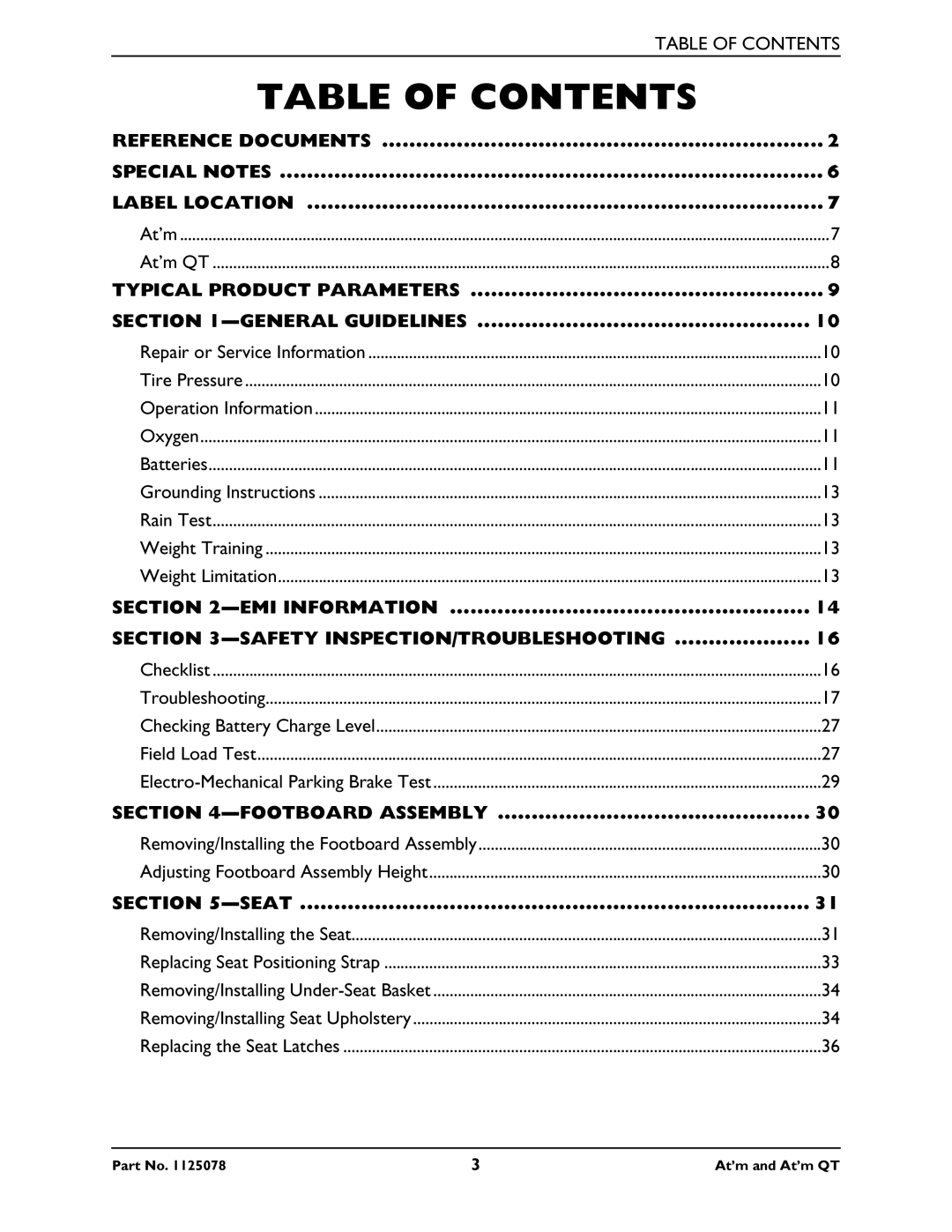 Invacare 1125078 service manual Table of Contents 