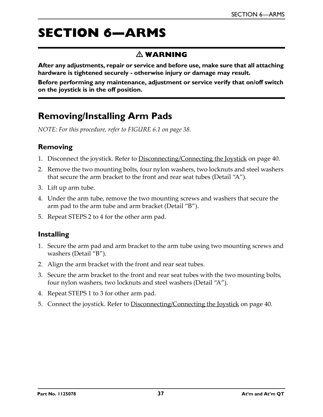 Invacare 1125078 service manual Arms, Removing/Installing Arm Pads 