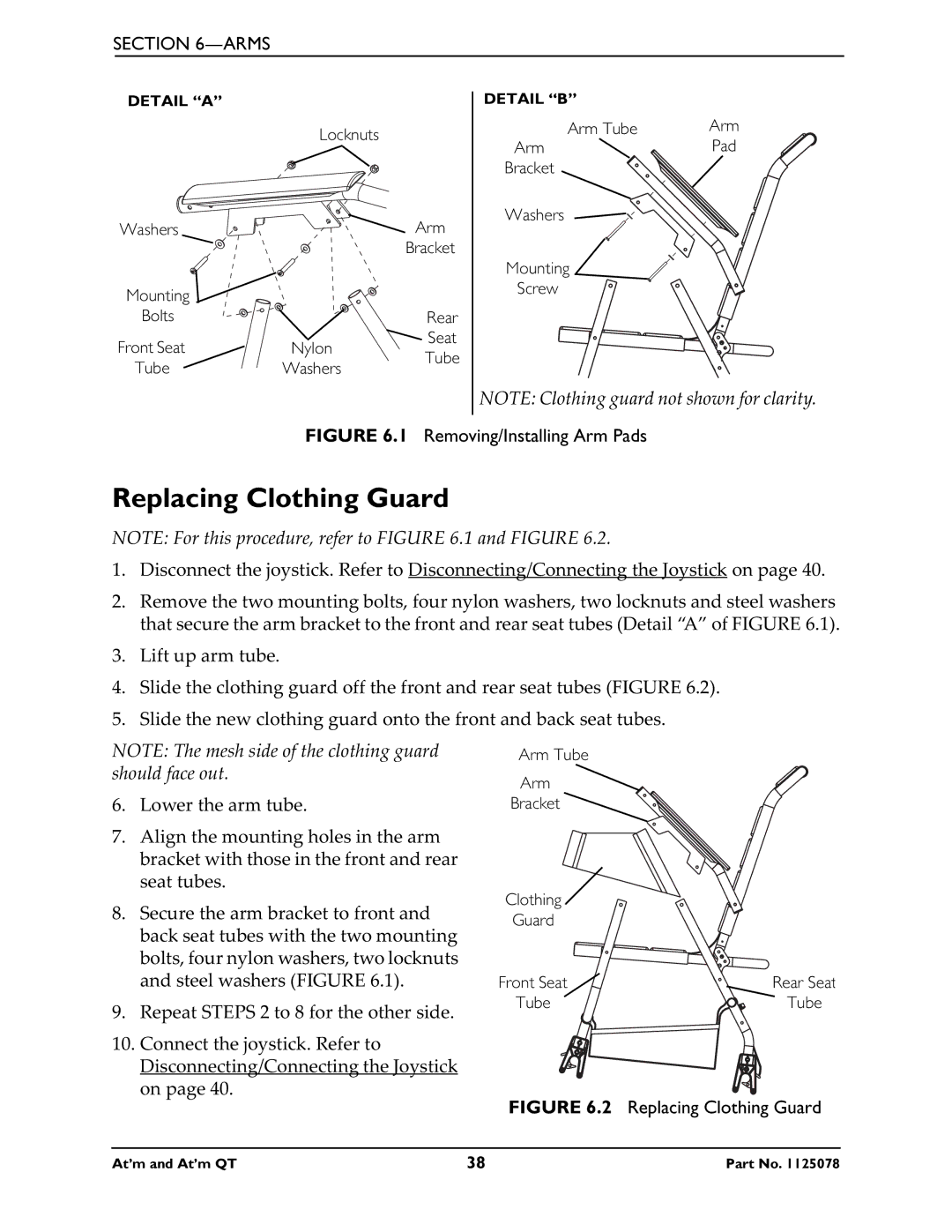 Invacare 1125078 service manual Replacing Clothing Guard, Removing/Installing Arm Pads 