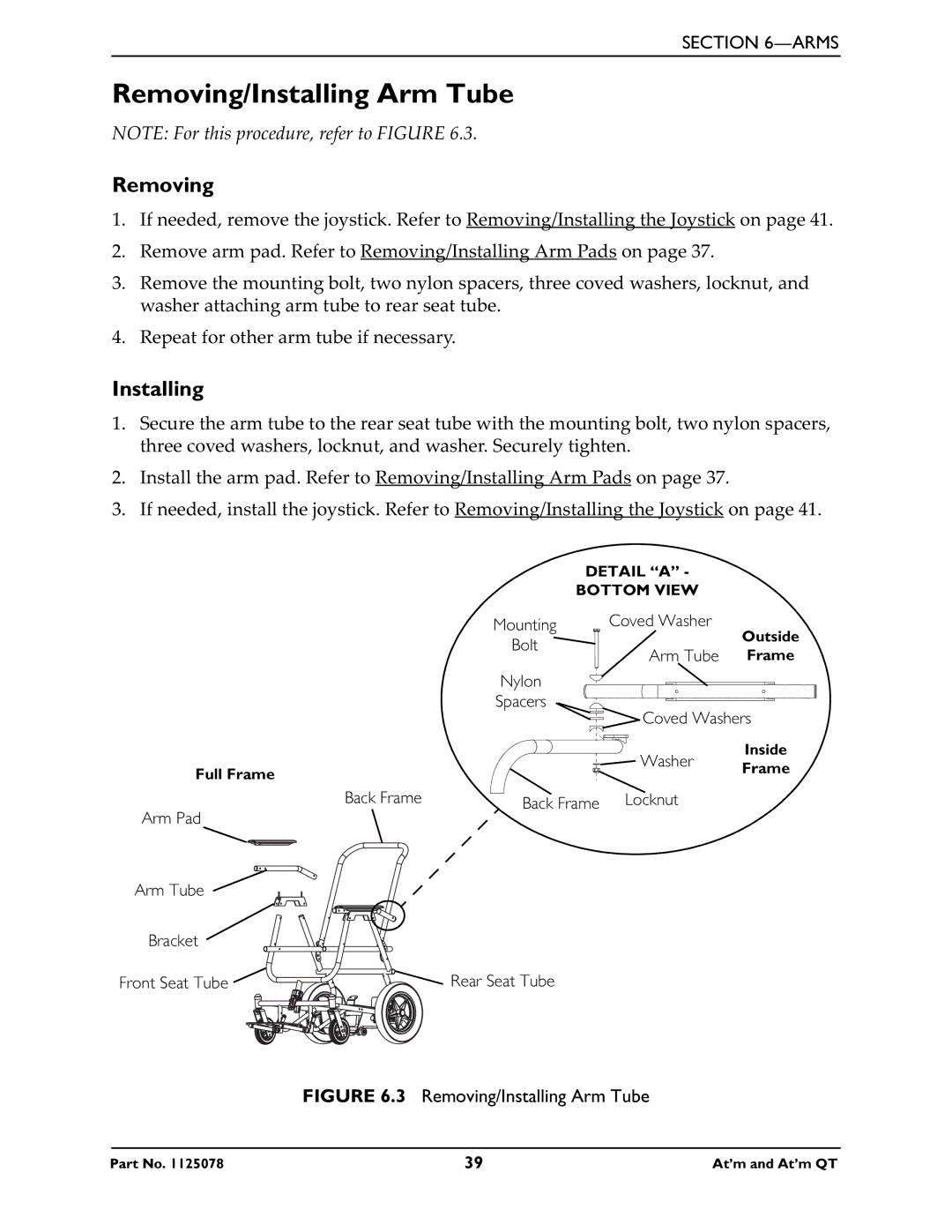 Invacare 1125078 service manual Removing/Installing Arm Tube 