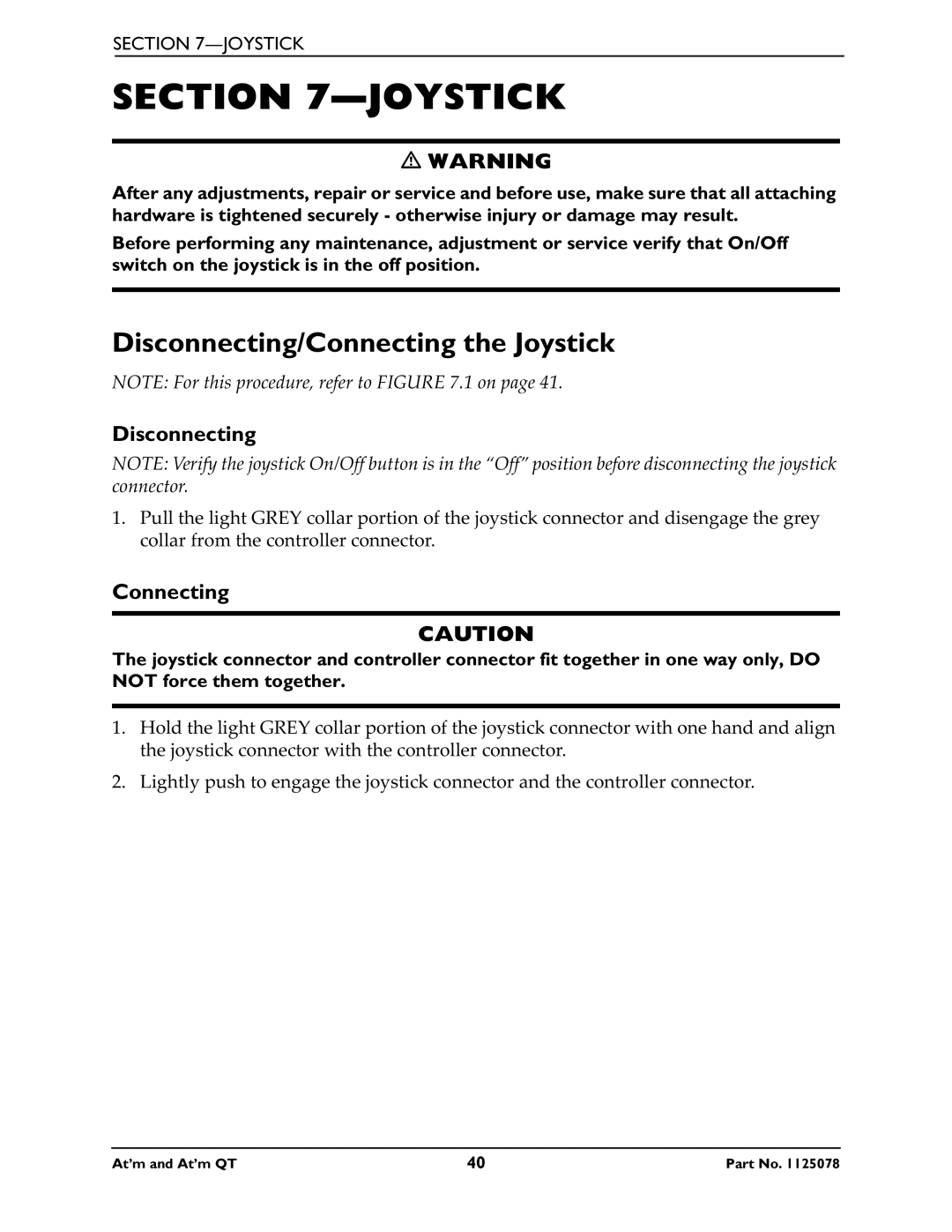 Invacare 1125078 service manual Disconnecting/Connecting the Joystick 