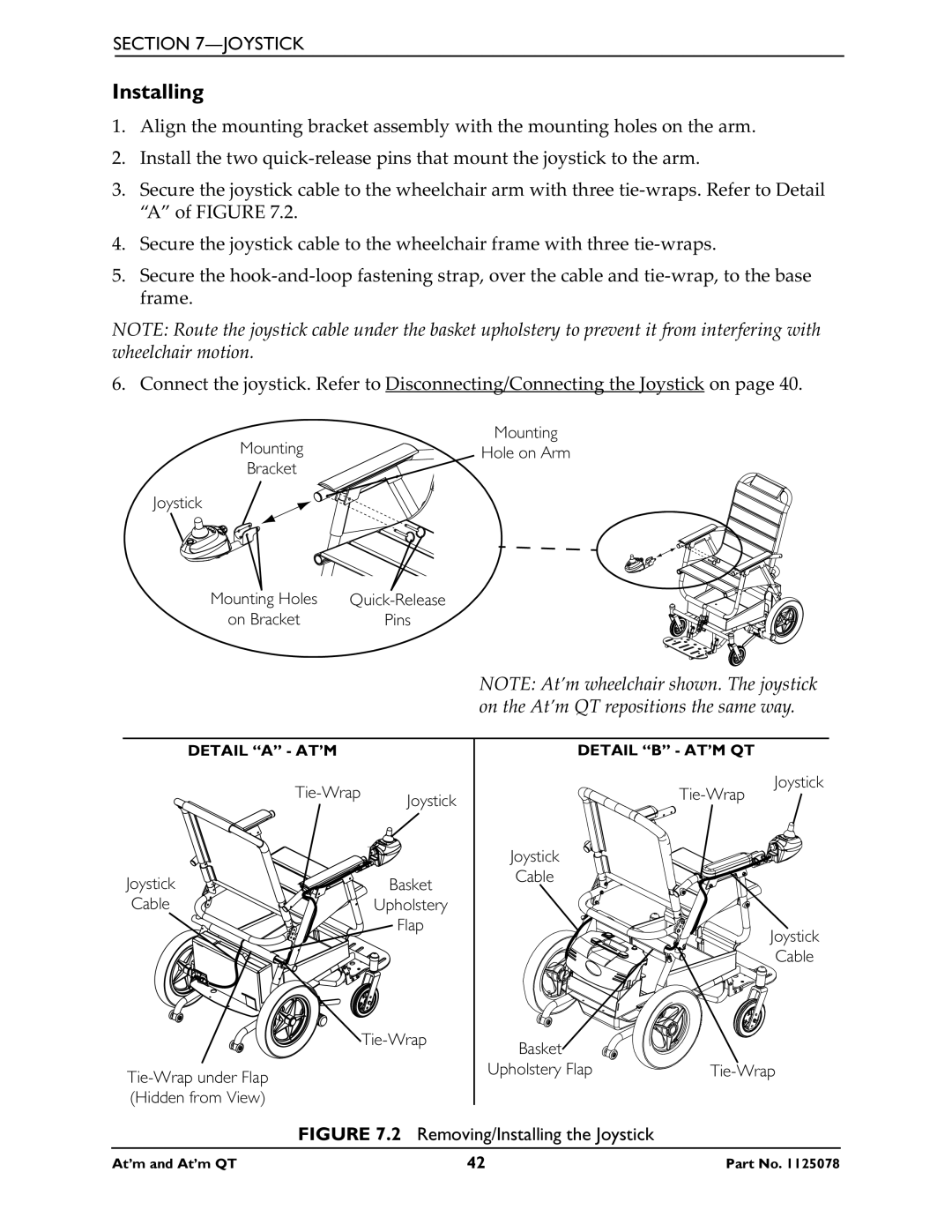 Invacare 1125078 service manual Removing/Installing the Joystick 